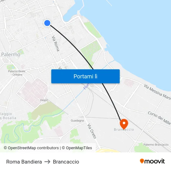 Roma Bandiera to Brancaccio map
