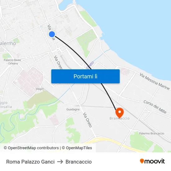 Roma Palazzo Ganci to Brancaccio map