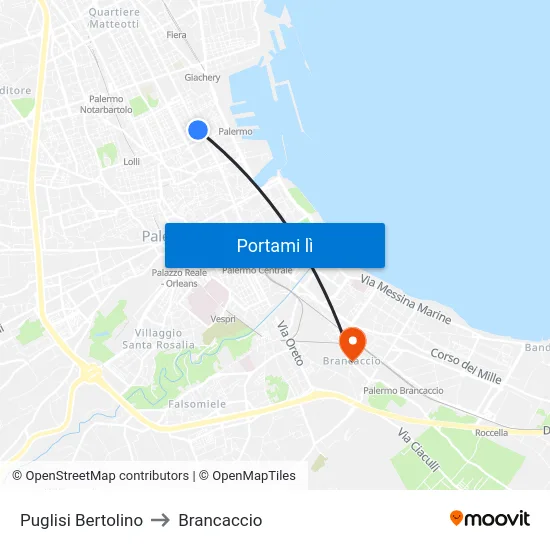 Puglisi Bertolino to Brancaccio map