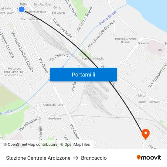 Stazione Centrale Ardizzone to Brancaccio map