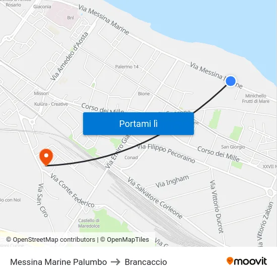 Messina Marine Palumbo to Brancaccio map