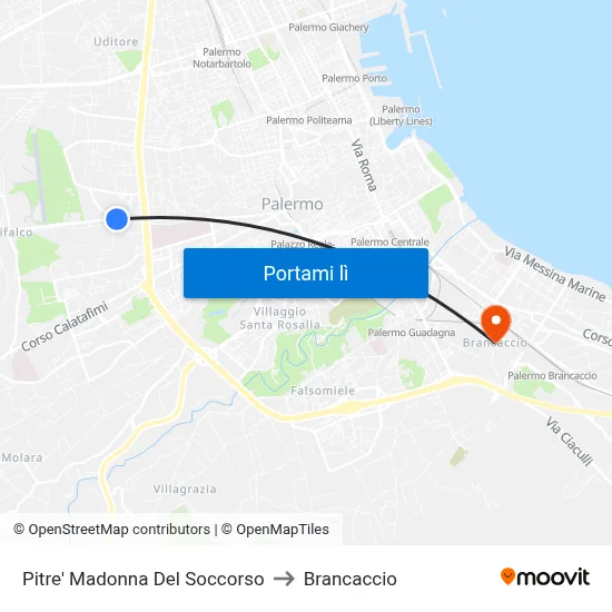 Pitre' Madonna Del Soccorso to Brancaccio map