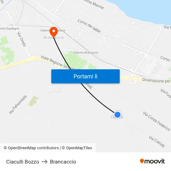 Ciaculli Bozzo to Brancaccio map