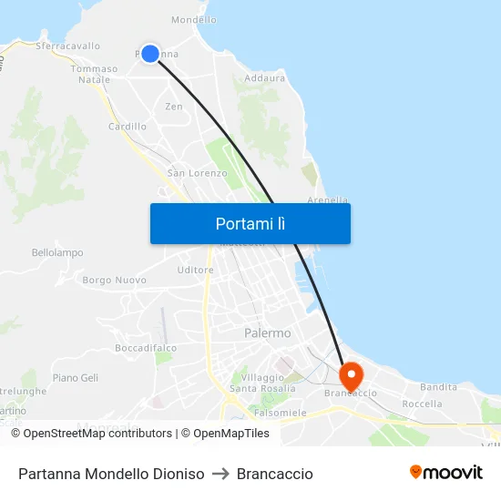 Partanna Mondello Dioniso to Brancaccio map