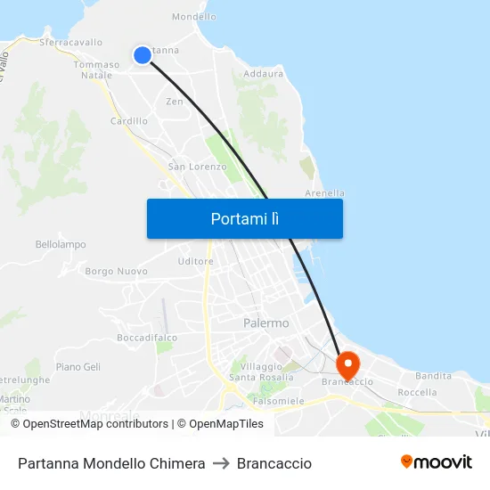 Partanna Mondello Chimera to Brancaccio map