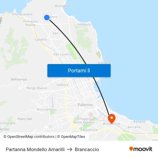 Partanna Mondello Amarilli to Brancaccio map