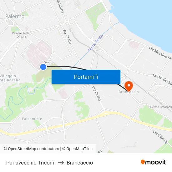 Parlavecchio Tricomi to Brancaccio map
