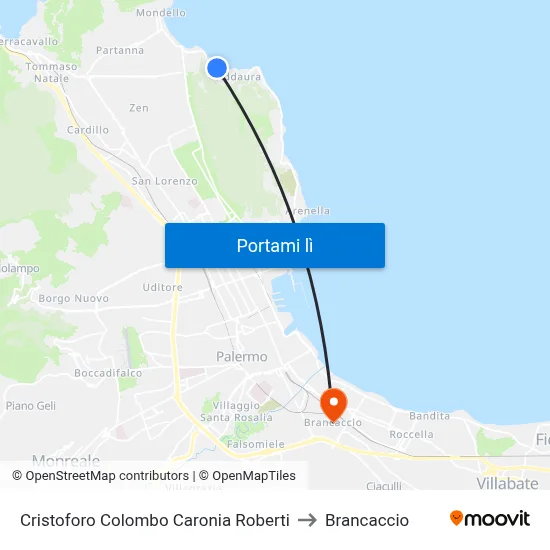 Cristoforo Colombo Caronia Roberti to Brancaccio map