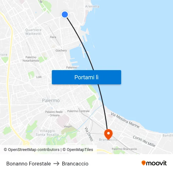 Bonanno Forestale to Brancaccio map