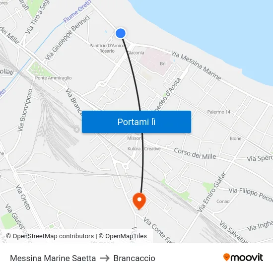 Messina Marine Saetta to Brancaccio map