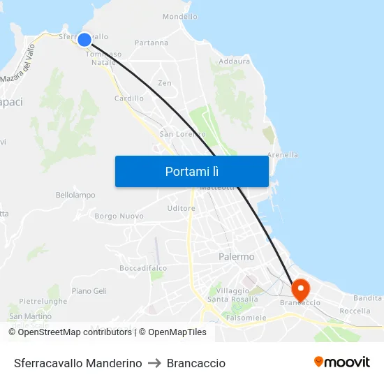 Sferracavallo Manderino to Brancaccio map