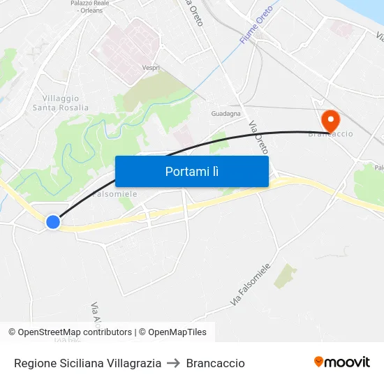 Regione Siciliana Villagrazia to Brancaccio map
