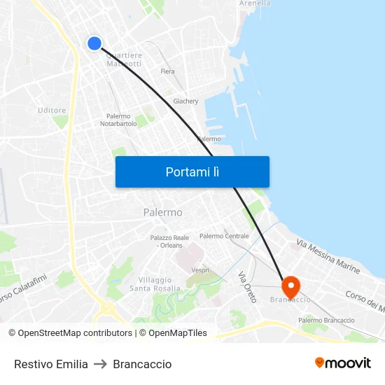 Restivo Emilia to Brancaccio map