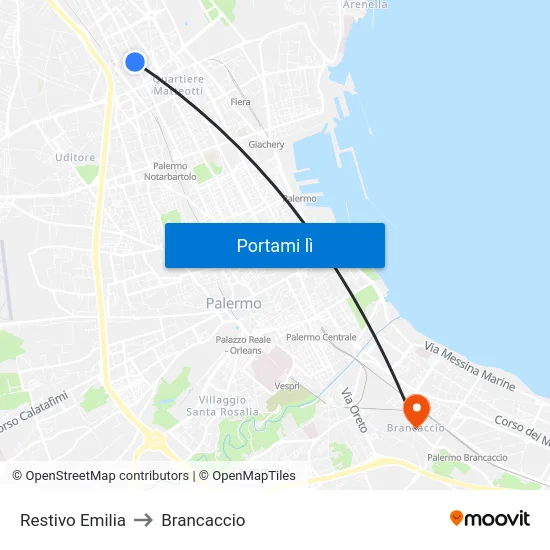 Restivo Emilia to Brancaccio map