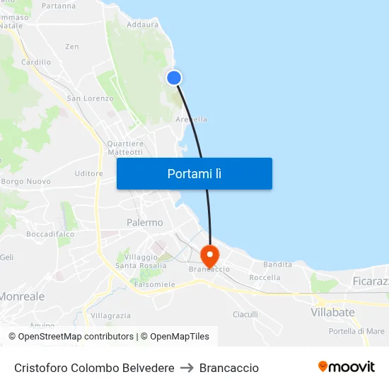 Cristoforo Colombo Belvedere to Brancaccio map