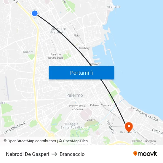 Nebrodi De Gasperi to Brancaccio map