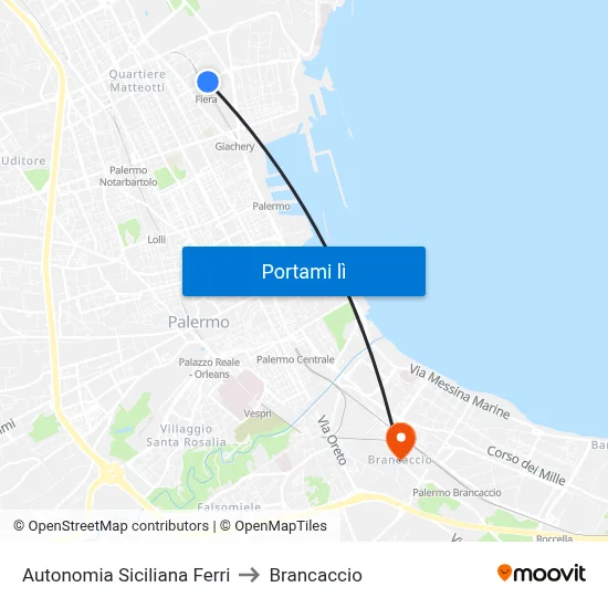Autonomia Siciliana Ferri to Brancaccio map