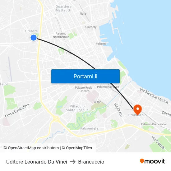 Uditore Leonardo Da Vinci to Brancaccio map