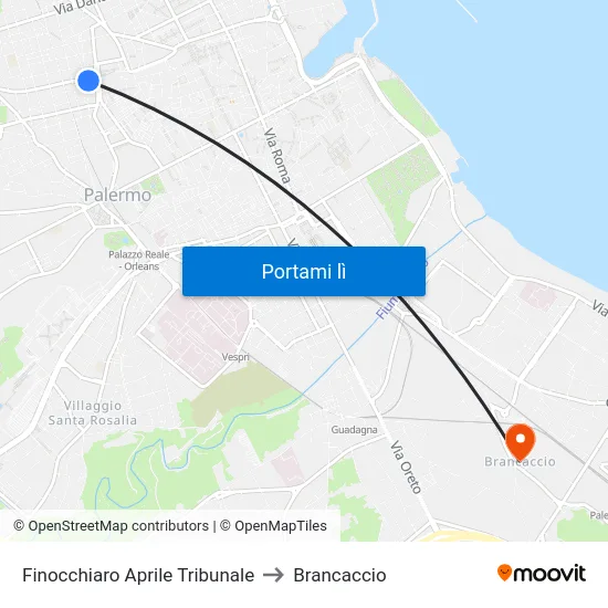 Finocchiaro Aprile Tribunale to Brancaccio map