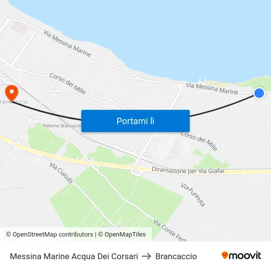 Messina Marine Acqua Dei Corsari to Brancaccio map