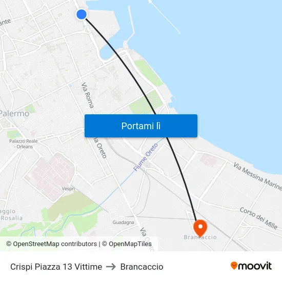Crispi Piazza 13 Vittime to Brancaccio map