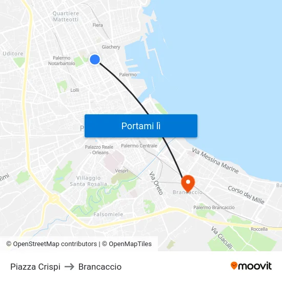 Piazza Crispi to Brancaccio map