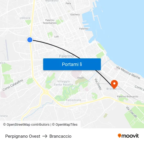Perpignano Ovest to Brancaccio map