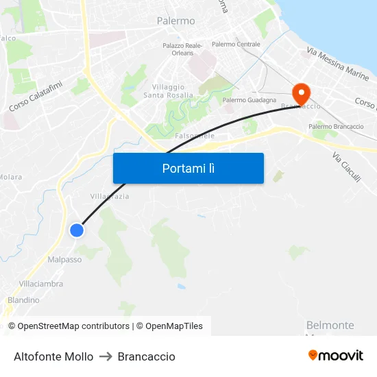 Altofonte Mollo to Brancaccio map