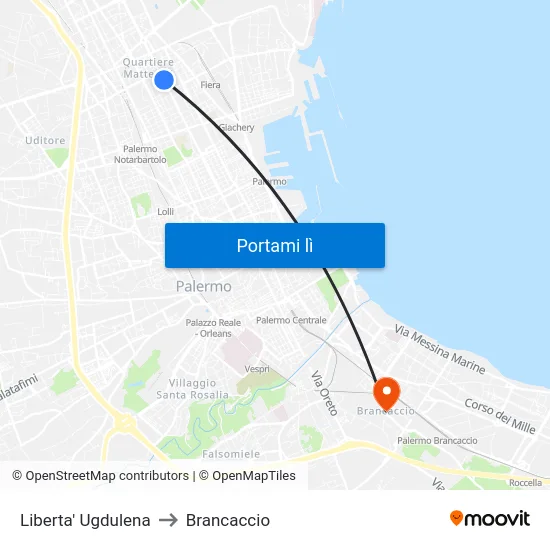 Liberta' Ugdulena to Brancaccio map