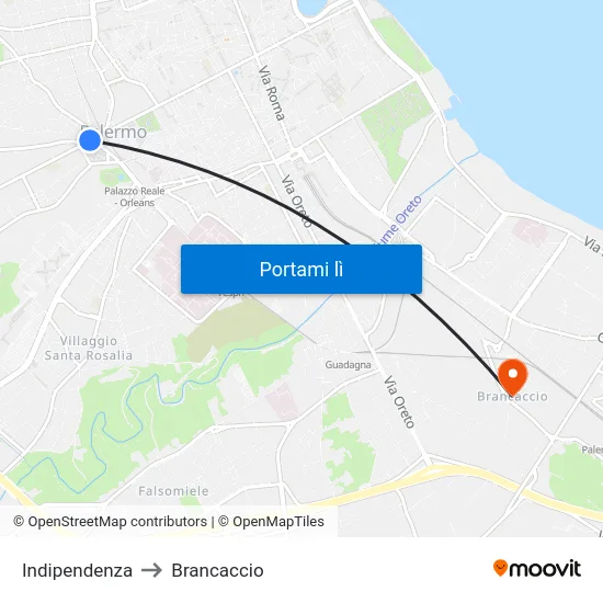 Indipendenza to Brancaccio map