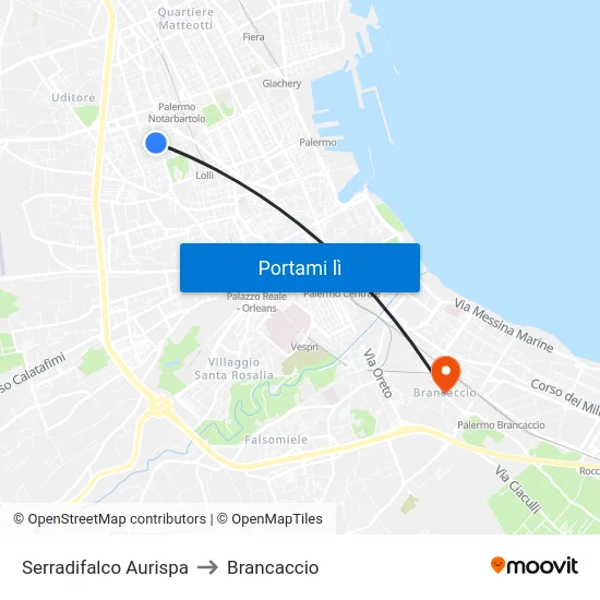 Serradifalco Aurispa to Brancaccio map