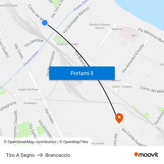 Tiro A Segno to Brancaccio map