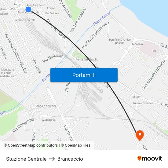 Stazione Centrale to Brancaccio map