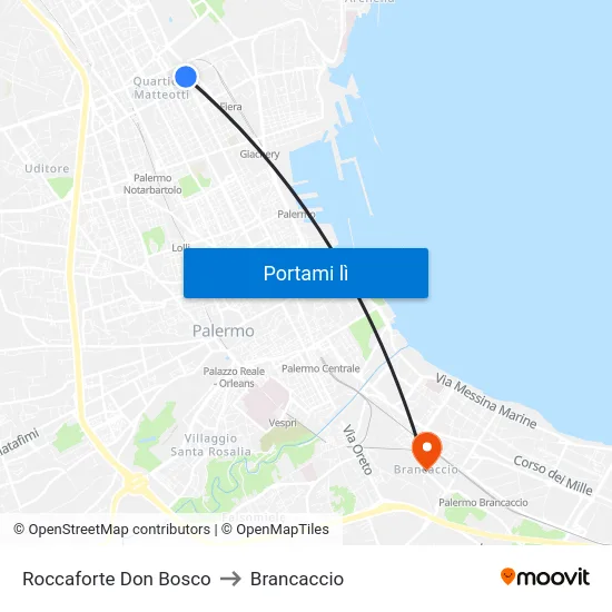 Roccaforte Don Bosco to Brancaccio map