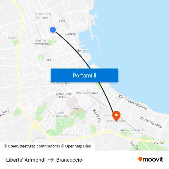 Liberta' Arimondi to Brancaccio map