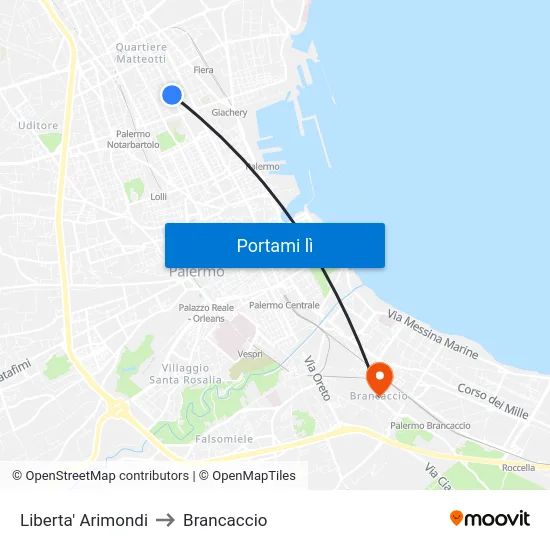 Liberta' Arimondi to Brancaccio map