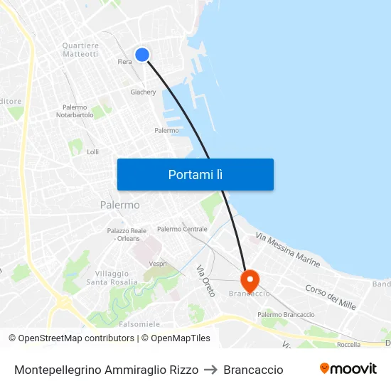Montepellegrino Ammiraglio Rizzo to Brancaccio map