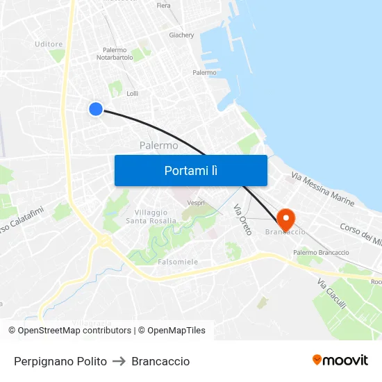 Perpignano Polito to Brancaccio map