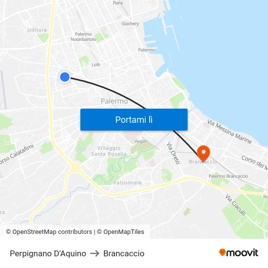 Perpignano D'Aquino to Brancaccio map