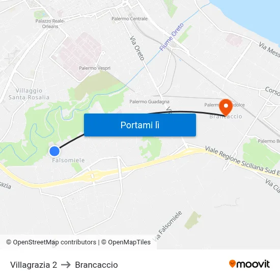 Villagrazia 2 to Brancaccio map