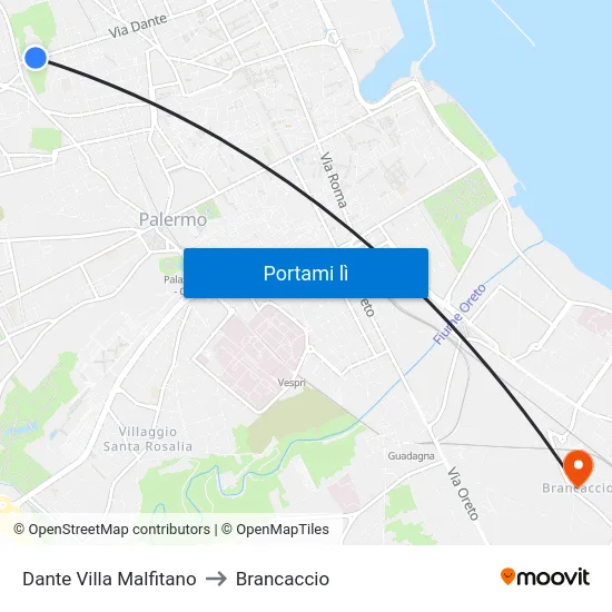 Dante Villa Malfitano to Brancaccio map