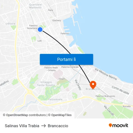 Salinas Villa Trabia to Brancaccio map