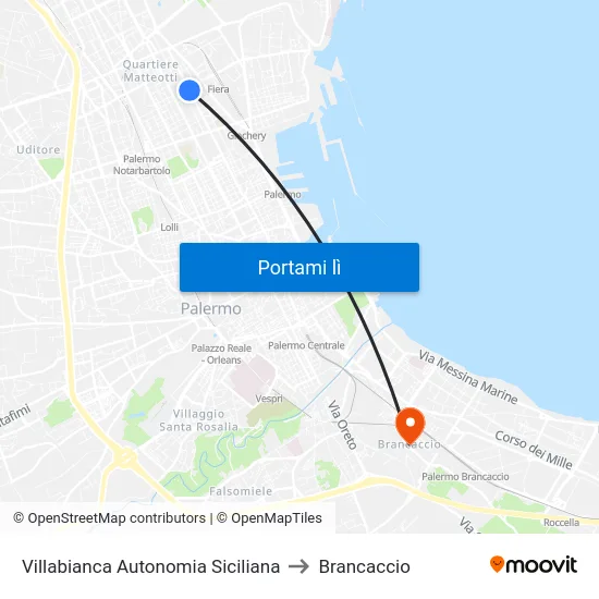 Villabianca Autonomia Siciliana to Brancaccio map