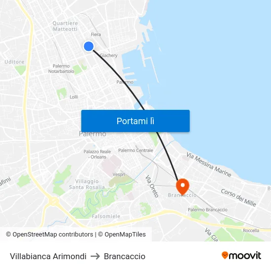 Villabianca Arimondi to Brancaccio map
