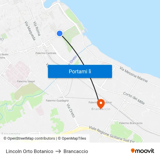 Lincoln Orto Botanico to Brancaccio map