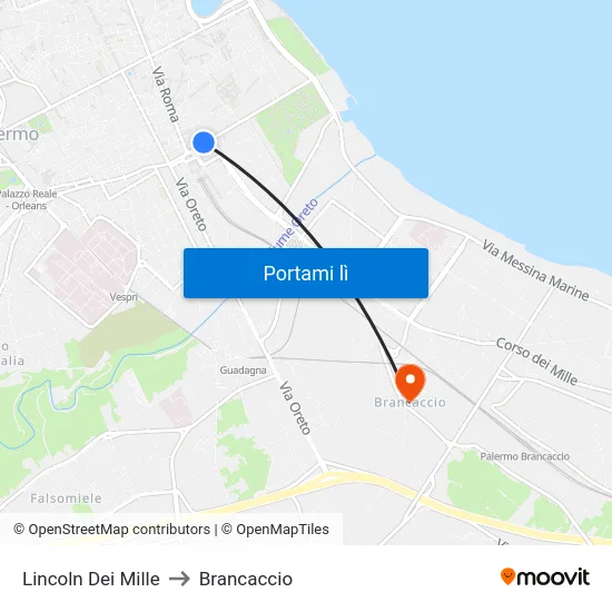 Lincoln Dei Mille to Brancaccio map