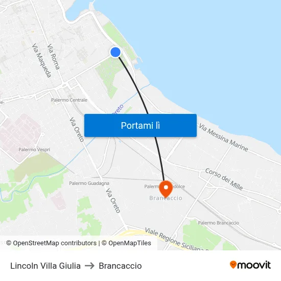 Lincoln Villa Giulia to Brancaccio map