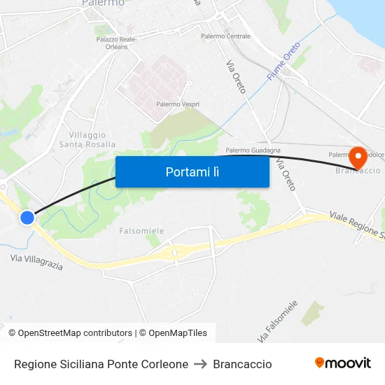 Regione Siciliana Ponte Corleone to Brancaccio map