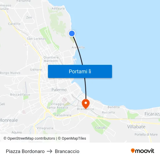 Piazza Bordonaro to Brancaccio map