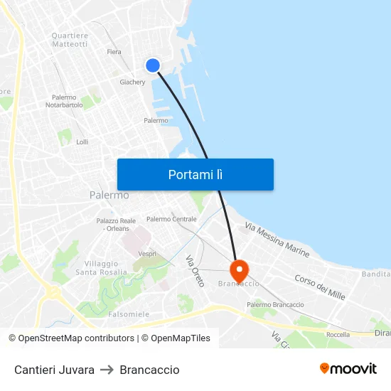 Cantieri Juvara to Brancaccio map